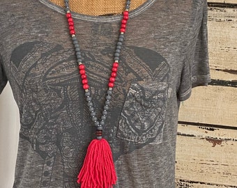 gray & red beaded necklace red tassel necklace Game Day team colors red white black red tassel necklace ohio colors