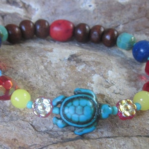 girls mala turtle bracelet turquoise sea turtle jewelry colorful stone & glass beaded bracelet stretch bracelet stacking bracelet yoga