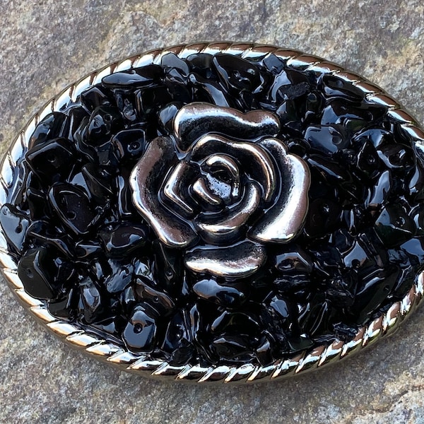 Beaded belt buckle bohemian silver flower belt buckle black stone Lavish Lucy Designs unique gift black obsidian stone  women's  belt buckle