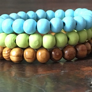 Set of 3 green blue brown wooden beaded bracelets yoga mala bracelets stretch bracelet stackable bracelet boho bracelets women bracelet