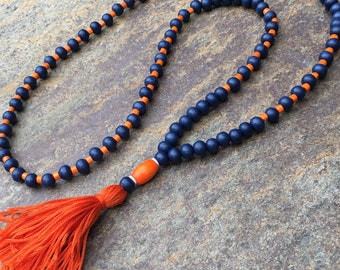 Long Beaded tassel necklace navy blue & orange game day necklace Auburn women's necklace orange tassel Bohemian custom team colors Virginia