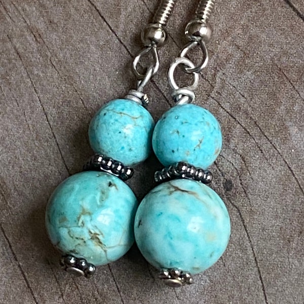 turquoise blue earrings stone earrings silver pewter beads bohemian boho country chic dangle drop earrings women's earrings Christmas gift