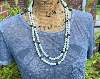 double wrap neutral wood bead necklace long beaded necklace bohemian triple wrap necklace custom colors Lavish Lucy Designs girls women