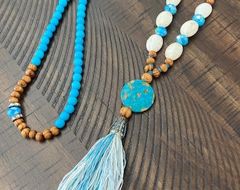 turquoise necklace long beaded necklace Brown wood beads mala turquoise jewelry cotton & silk tassel bohemian style