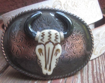 longhorn Steer skull Copper belt buckle Engraved belt buckle texas cowboy Cowgirl bohemian buckle mens belt buckle women's Belt Buckle