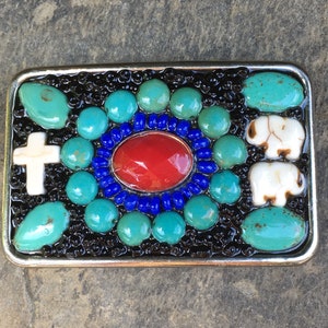 Beaded Elephant Belt Buckle: Turquoise, Coral, & Cross Inlay