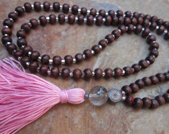 Long Beaded necklace 108 wood bead mala wooden mala glass pink tassel women's Bohemian jewelry quartz yoga beaded necklace girls boho