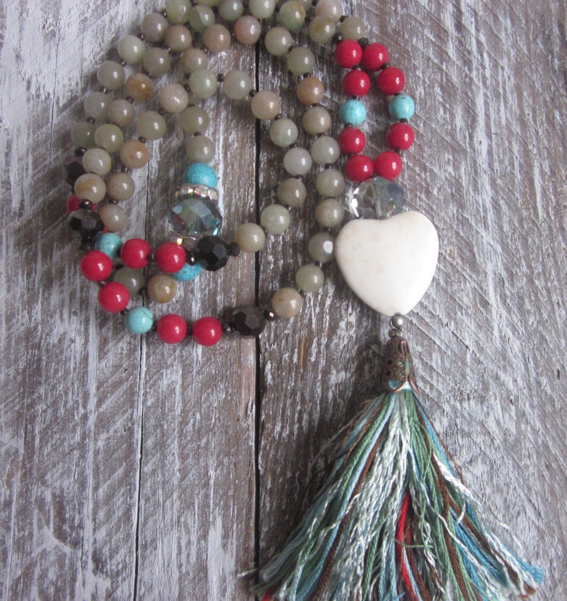 long beaded tassel necklace green Aventurine red jade blue & white turquoise Heart stone country chic bohemian long beaded tassel necklace image 2