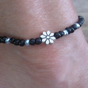 anklets beaded ankle bracelets  glass, black glass seed beads silver flower bohemian custom stretch anklets yoga beach anklet