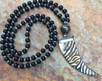 Long Beaded necklace tiger stripe horn talon pendant bohemian necklace Boho chic necklace black unisex necklace Lavish Lucy Designs