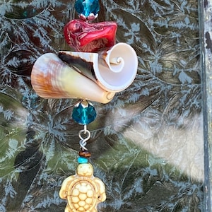 Seashell Turtle Car Charm: Coral & Aqua Beaded Rear View Mirror Decor