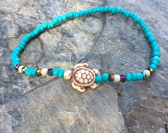 Turtle anklet turtle bracelet Turquoise blue & cream  white magnesite stone sea turtle dainty beaded stretch bracelet colorful beaded anklet