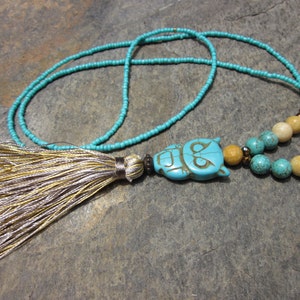 long beaded tassel necklace turquoise necklace boho necklace owl silk tassel necklace coral necklace earthy beaded bohemian necklace image 2