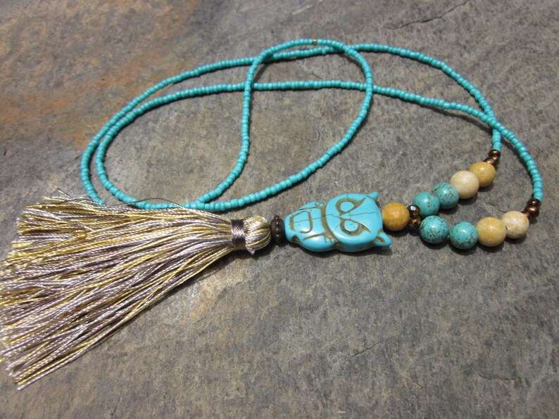 long beaded tassel necklace turquoise necklace boho necklace owl silk tassel necklace coral necklace earthy beaded bohemian necklace image 2