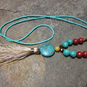 long beaded tassel necklace turquoise necklace boho necklace owl silk tassel necklace coral necklace earthy beaded bohemian necklace image 4