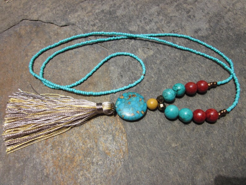 long beaded tassel necklace turquoise necklace boho necklace owl silk tassel necklace coral necklace earthy beaded bohemian necklace image 4