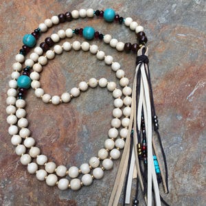 Long beaded leather tassel necklace glass beads wood beads turquoise blue stone bohemian tassel necklace boho jewelry tassel necklace image 2