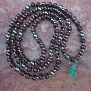 Wood Beaded Mala Necklace: Sepia, Bronze, and Iris Green
