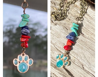 rear view mirror car charm paw print stone beads cat dog lover gift him her friend mom pet lover car accessory turquoise blue sodalite red