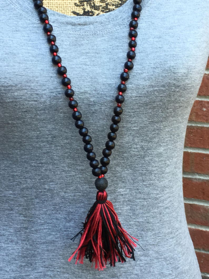 Long Beaded tassel necklace red /& black wood beaded necklace Bohemian necklace boho necklace ladies jewelry Game Day necklace lava stone