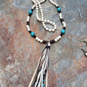 Long beaded leather tassel necklace glass beads wood beads turquoise blue stone bohemian tassel necklace boho jewelry tassel necklace image 3