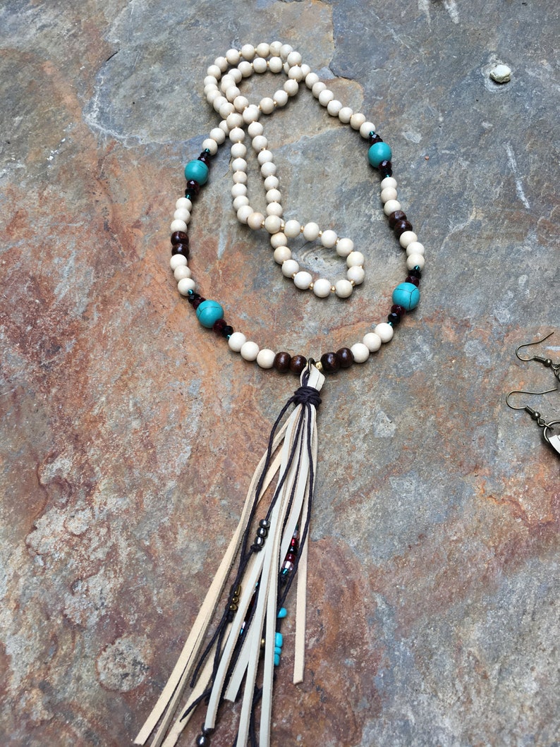 Long beaded leather tassel necklace glass beads wood beads turquoise blue stone bohemian tassel necklace boho jewelry tassel necklace image 3