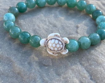 Sea turtle bracelet calming green aventurine cream white Stone sea turtle mens bracelet women's Bohemian beaded stretch comforting bracelet