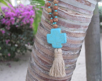 Long beaded necklace 108 beads rustic turquoise necklace cross natural jute tassel necklace bohemian mens necklace women's necklace