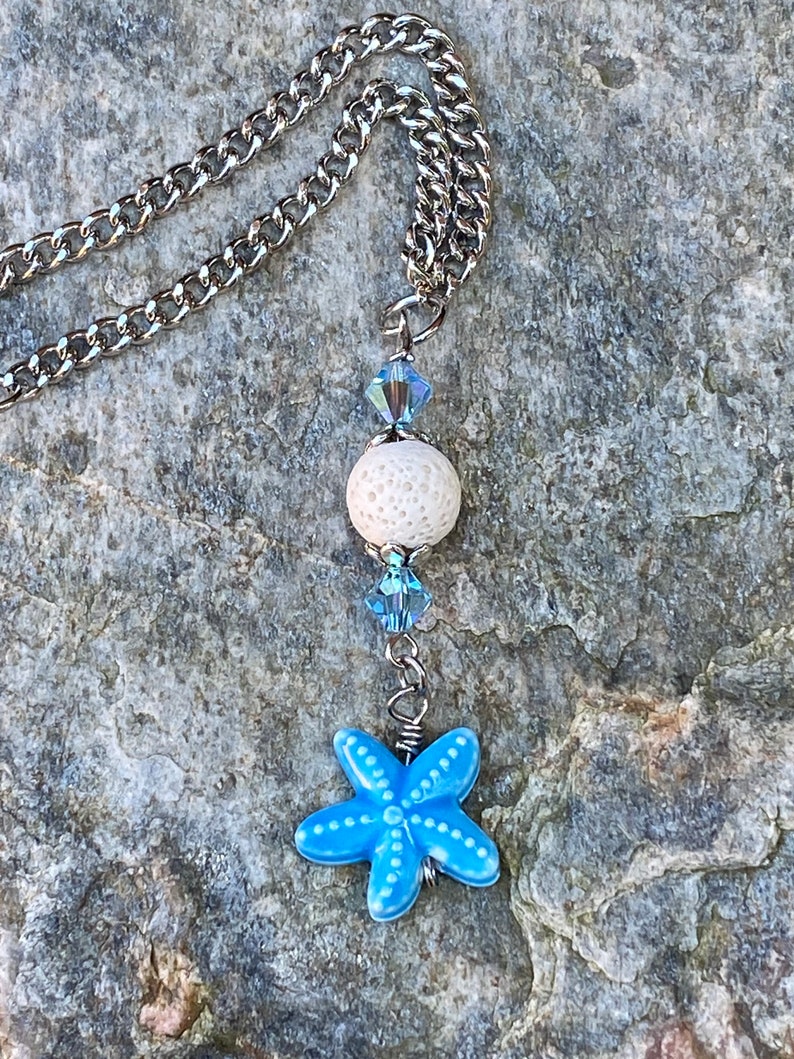 Starfish car charm rear view mirror beaded car charms ocean blue glass lava stone beaded bohemian car hanging beach decor mirror charms image 2