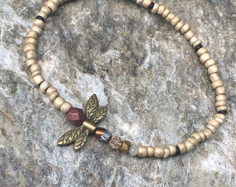 dragonfly anklet dragonfly ankle bracelet Czech glass beads matte gold beaded stretch bracelet beaded anklet women's anklet mens anklet