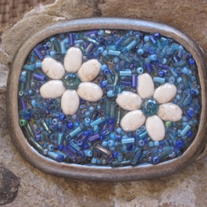 Beaded Flower Belt Buckle: Antiqued Silver, Turquoise Boho Style