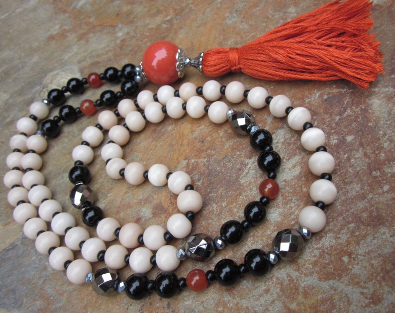 long beaded tassel necklace black orange necklace agate gemstone beaded bohemian necklace Bengals long beaded orange bead tassel necklace image 2