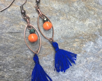 bohemian earrings Copper earrings Game day orange blue tassel earrings tassel earrings long drop earrings  gypsy  earrings hippie