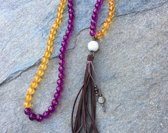 Long beaded necklace Game day  leather tassel necklace golden yellow & purple beads bohemian tassel necklace