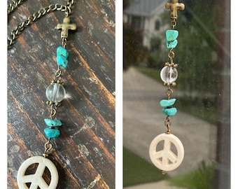 rear view mirror charm cross car charm quartz beaded vehicle decor gemstone charm religious gift for graduate peace sign charm gift him her