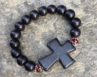 garnet & black bracelet Cross bracelet black wood bracelet bohemian bracelet women's stretch bracelet religious bracelet Game day bracelet