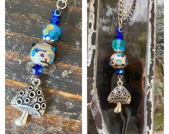 rear view mirror car charm mushroom protective evil eye sparkly yoga meditation car accessories aqua & cobalt blue gift him her sun catcher