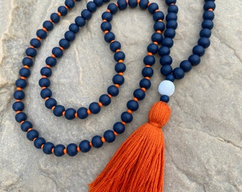 Long Beaded tassel necklace navy blue & orange wood necklace Auburn fan women's necklace orange tassel Virginia  team colors lava stone