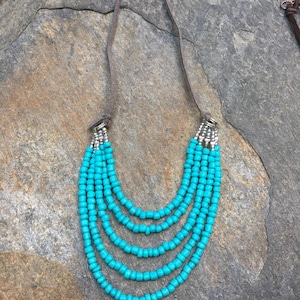 Turquoise Seed Bead Multi Strand Necklace: Bohemian Leather Jewelry