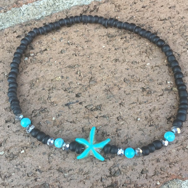 starfish anklet beaded anklets women's anklet mens anklet ankle bracelet turquoise blue or cream starfish black seed beads boho accessories