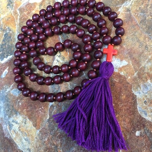 Wood Beaded Cross Necklace: Bohemian Purple Tassel