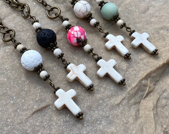 cross car charm rear view mirror decor lava stone beads vehicle hangings charm religious gift safe driver protective graduation gift him her