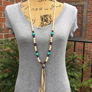 Long beaded leather tassel necklace glass beads wood beads turquoise blue stone bohemian tassel necklace boho jewelry tassel necklace image 1