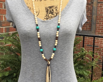 Long beaded leather tassel necklace glass beads wood beads turquoise blue stone bohemian tassel necklace boho jewelry tassel necklace