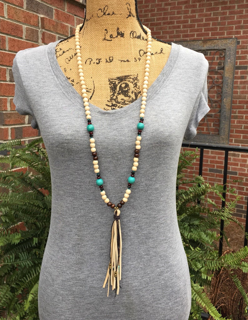 Long beaded leather tassel necklace glass beads wood beads turquoise blue stone bohemian tassel necklace boho jewelry tassel necklace image 1