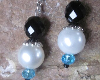 pearl earrings aqua blue earrings white pearl earrings  black glass earrings bohemian earrings dangle drop earrings women's earrings