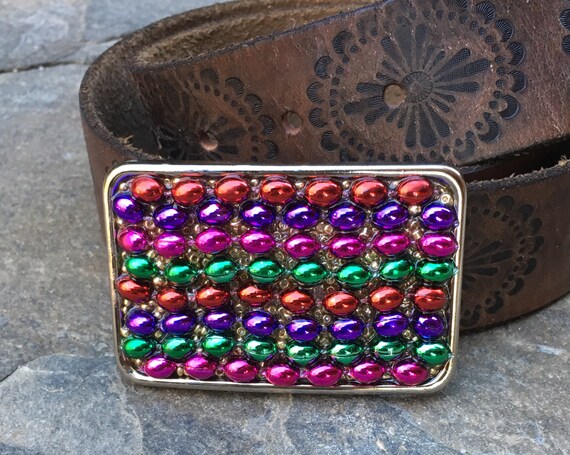 Colorful Beaded Belt Buckle: Antiqued Silver Boho Accessory  display picture 1