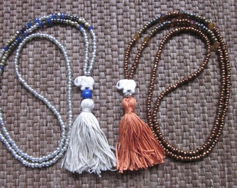 long beaded tassel necklace seed bead necklace elephant jewelry bohemian chic junk gypsies neutral boho yoga modern long beaded necklace