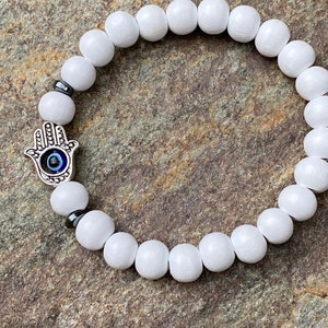 White Wood Beaded Evil Eye Bracelet: Silver Hamsa Hand, Protective Yoga Jewelry