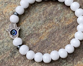 evil eye bracelet white wood beaded bracelet silver hamsa hand bohemian yoga protective bracelet mens women's stackable stretch bracelet